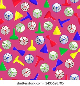 Seamless vector pattern of dice and Board game pieces on red background