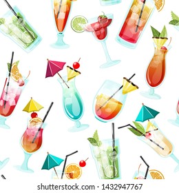 Seamless vector pattern with different alcoholic cocktails for flyer, menu, textile design. Summer tropical drinks