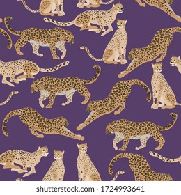 Seamless vector pattern with different big spotted cats - jaguars and leopards, on pale lilac, purple color background. Square template with predators for fabric and wallpaper.