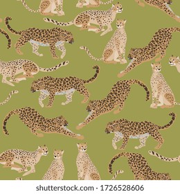 Seamless vector pattern with different big spotted cats - jaguars and leopards, on moss green color background. Square template with predators for fabric and wallpaper.