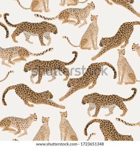 Seamless vector pattern with different big spotted cats - jaguars and leopards, on white, light cream background. Square template with predators for fabric and wallpaper.