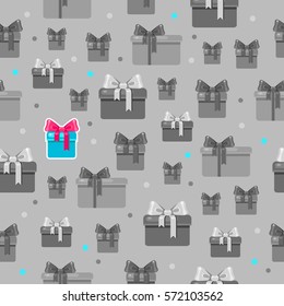 Seamless vector pattern with different black and white presents and spots on a grey background. Holiday cartoon illustration. Cute birthday pattern. Bright  wrapping. Lots of gifts.