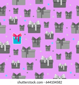 Seamless vector pattern with different black and white presents and spots and a blue one on a violet background. Holiday cartoon illustration. Cute birthday pattern. Bright wrapping. Lots of gifts.