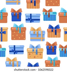 Seamless vector pattern with different blue and brown presents. Bright cartoon gifts on a white background. Holiday boxes with bows, stripes and spots.