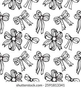 Seamless vector pattern with different bows drawn with black line. Doodle style. Design for wrapping paper, backgrounds, wallpapers.