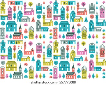 Seamless vector pattern with different buildings and trees. Repeated city texture. Retro urban background with houses, stores and churches.