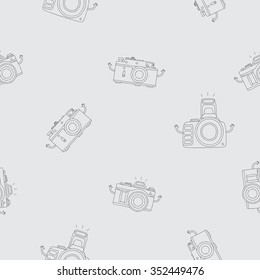 Seamless vector pattern of different cameras on a gray background. Outline drawing.
