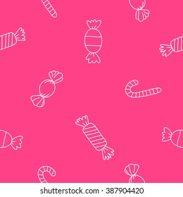 Seamless vector pattern of different candies on a pink background.