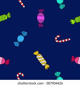 Seamless vector pattern of different candies on a blue background.