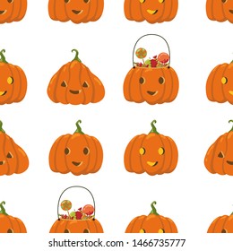 Seamless vector pattern with different carved pumpkins. 
Hand drawn Halloween illustration.