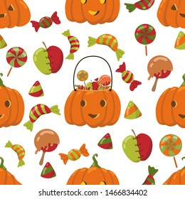 Seamless vector pattern with different carved pumpkins, candies, sweets and apples. Hand drawn Halloween illustration.