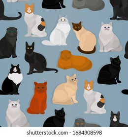 Seamless vector pattern with different cats on a blue background