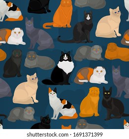 Seamless vector pattern with different cats on a dark blue background