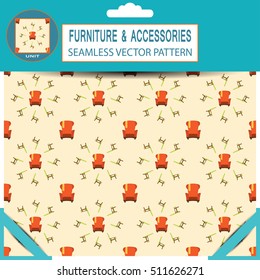 Seamless vector pattern with different chairs in the package with pattern unit and shadow.