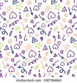 Seamless vector pattern from different characters. arrows, directions, hearts, etc.