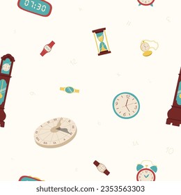 Seamless vector pattern with different clocks. Types of watches. Illustration in cartoon style. Hourglass, antique granfather clock, pocket watch on a chain, alarm and wrist watches. Pattern for web