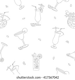 Seamless vector pattern of the different cocktails. Summer alcoholic cocktails. Pina colada, tequila sunrise, margarita, mojito, coconut, cosmopolitan. Vector illustration on white background.
