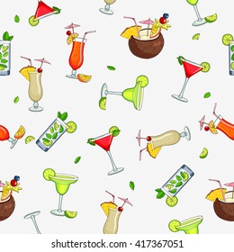 Seamless vector pattern of the different cocktails. Summer tasty alcoholic cocktails. Pina colada, tequila sunrise, margarita, mojito, coconut, cosmopolitan. Vector illustration on a gray background.