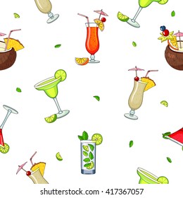 Seamless vector pattern of different cocktails. Summer tasty alcoholic cocktails. Pina colada, tequila sunrise, margarita, mojito, coconut, cosmopolitan. Vector illustration on white background.