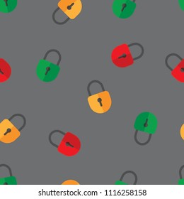 Seamless vector pattern of different color locks on grey background. Design for web page backgrounds, fabric, wallpaper, textile and decor.