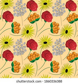 Seamless vector pattern with different colored flowers