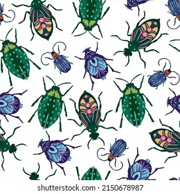 Seamless vector pattern with different colorful beetles