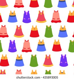 Seamless vector pattern with different colorful dresses. Cartoon clothes. Cute child illustration