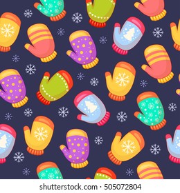 Seamless vector pattern with different colorful mittens and snowflakes on a dark background. Christmas cartoon illustration. Cute x-mas pattern. Bright winter wrapping.