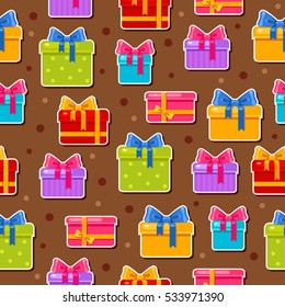 Seamless vector pattern with different colorful presents and spots on a brown background. Christmas cartoon illustration. Cute x-mas pattern. Bright winter wrapping. Lots of multicolored gifts. 