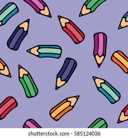 Seamless vector pattern with different colorful pencils in cartoon style