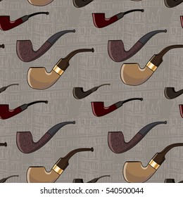 Seamless vector pattern. Different colors and size smoking pipes on the noble background.