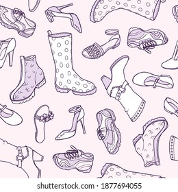 seamless vector pattern with different contour shoes in gentle lavender shades with white
