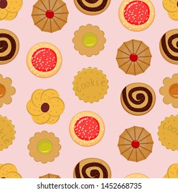 Seamless vector pattern of different cookies on light background. Flat vector colored cookie images
