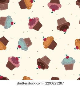 Seamless vector pattern with different cupcakes on a light yellow background. Sweet pastries decorated with cherries, dressing, icing. Party, birthday, greeting cards, gift wrapping paper, stationery.