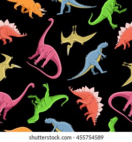 Seamless vector pattern of different dinosaurs on a black background. Wrapping paper. Children print.