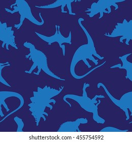 Seamless vector pattern of different dinosaurs on a blue background. Wrapping paper. Children print.