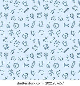 Seamless vector pattern with different drawings related to the school. School supplies and office stationary on pink background. For fabric, paper, wrap, textile, poster, wallpaper or background.