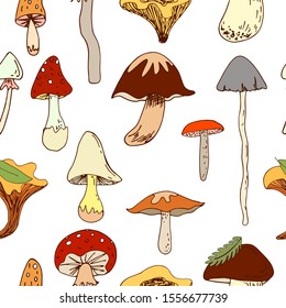 Seamless vector pattern of different edible and inedible mushrooms on a white isolated background. Boletus, chanterelle mushrooms, boletus, grebe, fly agaric. Vector hand-drawn
