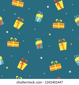 Seamless vector pattern with different gift boxes. Modern design for postcards, invitations, fabric and paper.