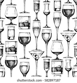 Seamless vector pattern with different glasses goblets and wineglasses. illustration in old fashioned hand drawn style on white background.