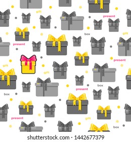 Seamless vector pattern with different gray presents and spots and a yellow one on a white background. Holiday cartoon illustration. Cute birthday pattern. Bright  wrapping. Lots of gifts.