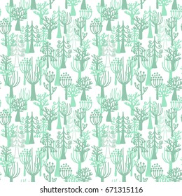 Seamless vector pattern with different green trees on white background