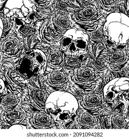 Seamless vector pattern of different grey shaded skulls scattered on a bed of roses background.
