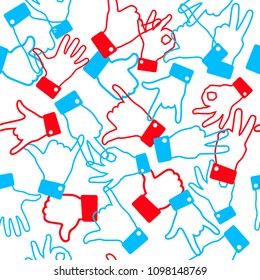 Seamless vector pattern with different hand gestures. Non-verbal or manual communication, emotional expressions, body language. Design for web page backgrounds, fabric, wallpaper, textile and decor