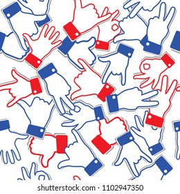 Seamless vector pattern with different hand gestures. Non-verbal or manual communication, emotional expressions, body language. Design for web page backgrounds, fabric, wallpaper, textile and decor