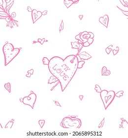 Seamless vector pattern with different hearts in pink color on a white background. St Valentine Day. Or for wedding, 