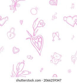 Seamless vector pattern with different hearts in pink color on a white background. St Valentine Day. Or for a wedding, engage.