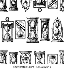 Seamless vector pattern with different hourglass in old fashioned etched style on white background.