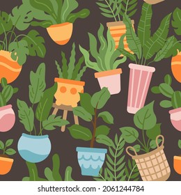 Seamless vector pattern of different house plants. Cute green house plants in pots.Vector repeat background with house plants.