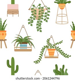 Seamless vector pattern of different house plants. Cute green house plants in pots.Vector repeat background with house plants.